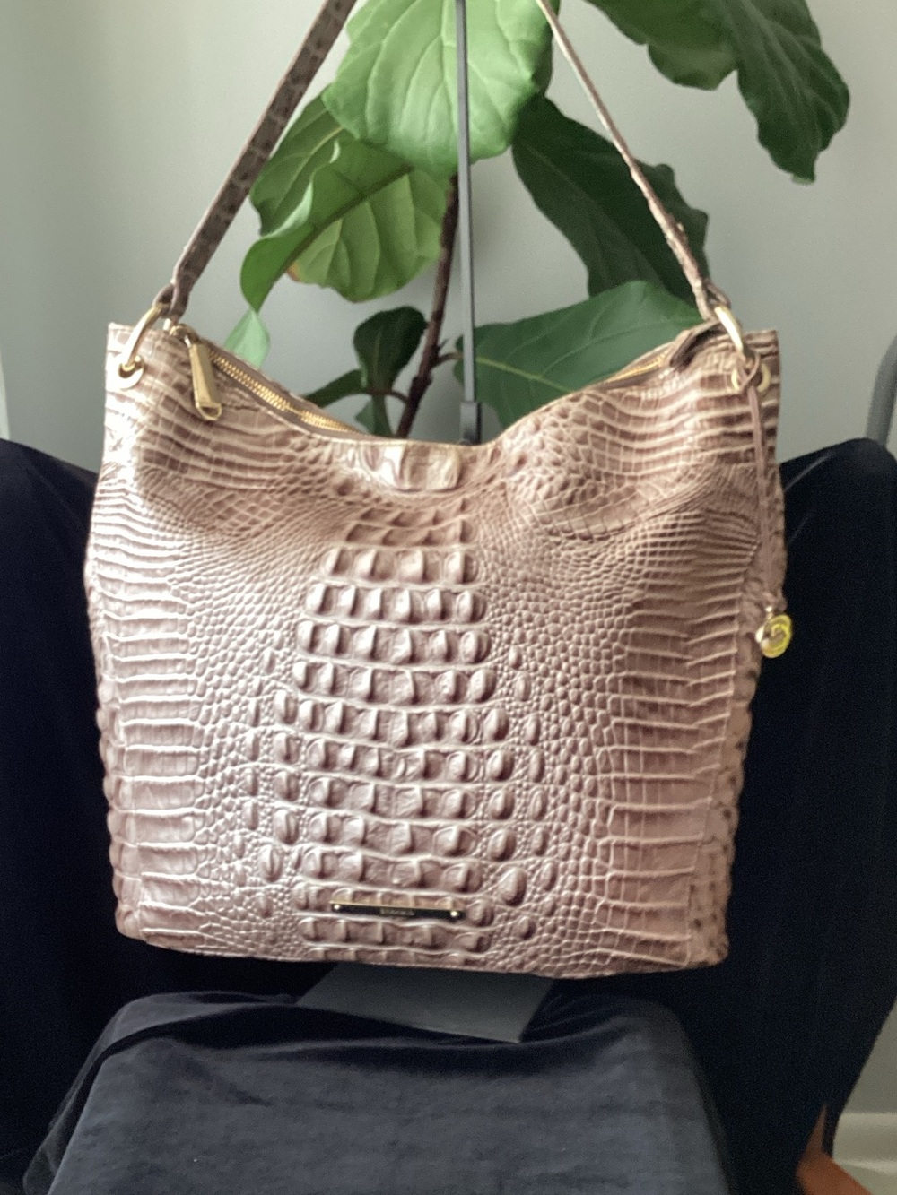 Brahmin Metallic Taupe Croc-Embossed Shoulder Bag